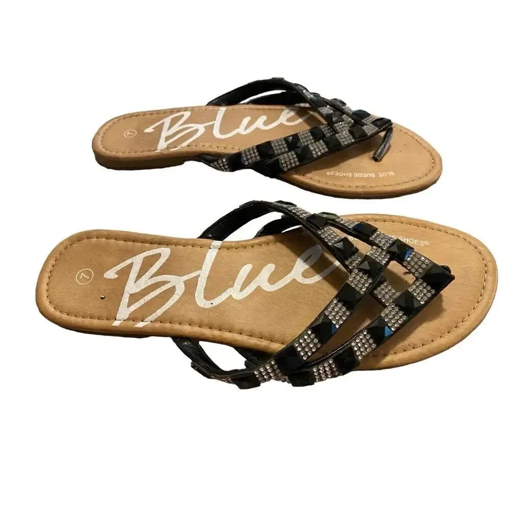 Blue Suede Rhinestone Embellished Flip Flops Sandals Sz 7